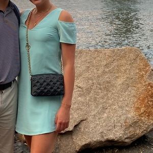 Blue mini dress with cut out shoulders